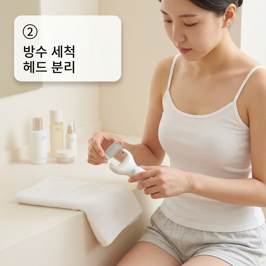 전동 발각질 제거기 방수 세척을 안전하게 진행하기 위해 두 손으로 본체에서 롤러 헤드를 분리하여 침수를 예방하는 모습.