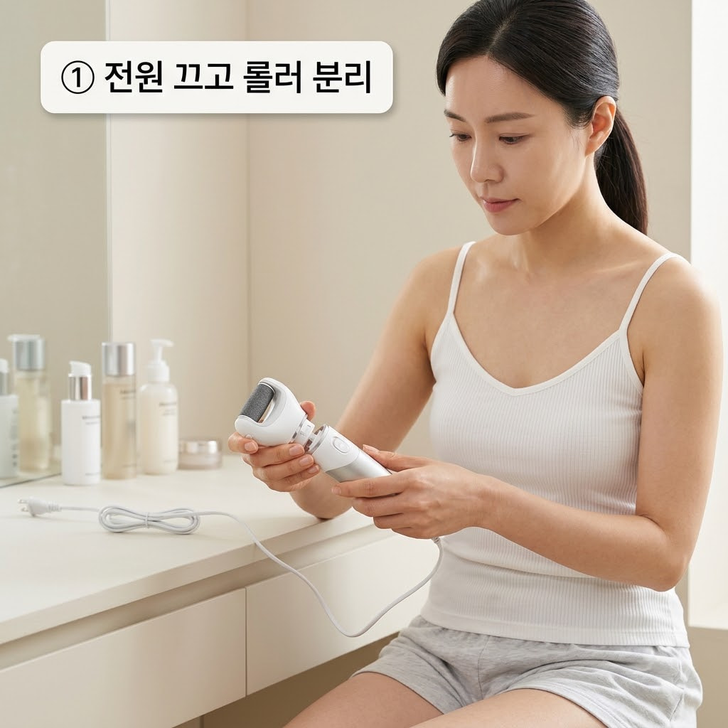 전동 발각질 제거기 롤러 분리를 위해 두 손으로 전원을 끈 본체를 잡고 결합부에 무리가 가지 않도록 안전하게 롤러를 떼어내는 모습.