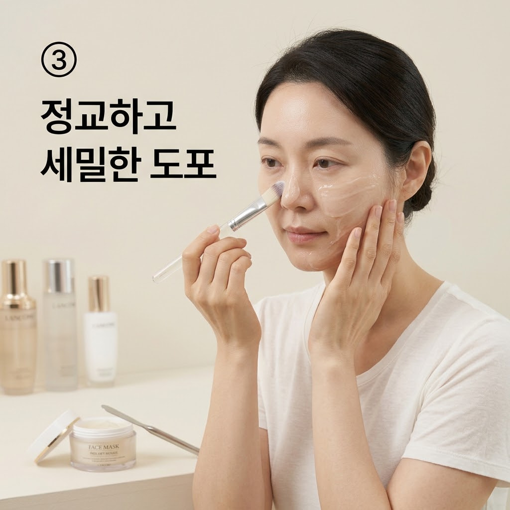정교한 팩 도포를 위해 두 손으로 슬림한 모 브러쉬를 짧게 쥐고 콧볼 옆과 눈썹 경계선에 팩을 세밀하게 얹어주는 모습.