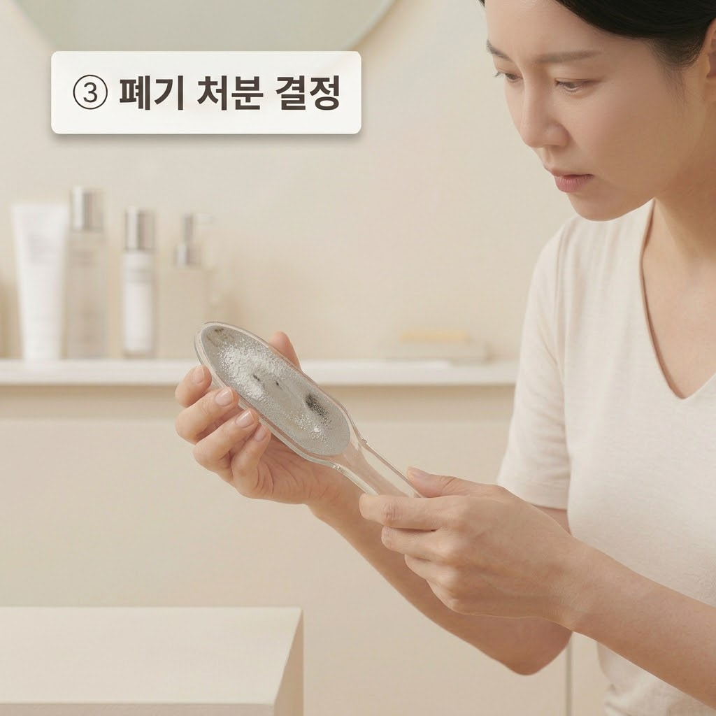 발각질 제거기 냄새 제거 실패 후 오염된 다공성 파일을 재사용하지 않고 두 손으로 잡아 쓰레기통에 폐기하는 모습.