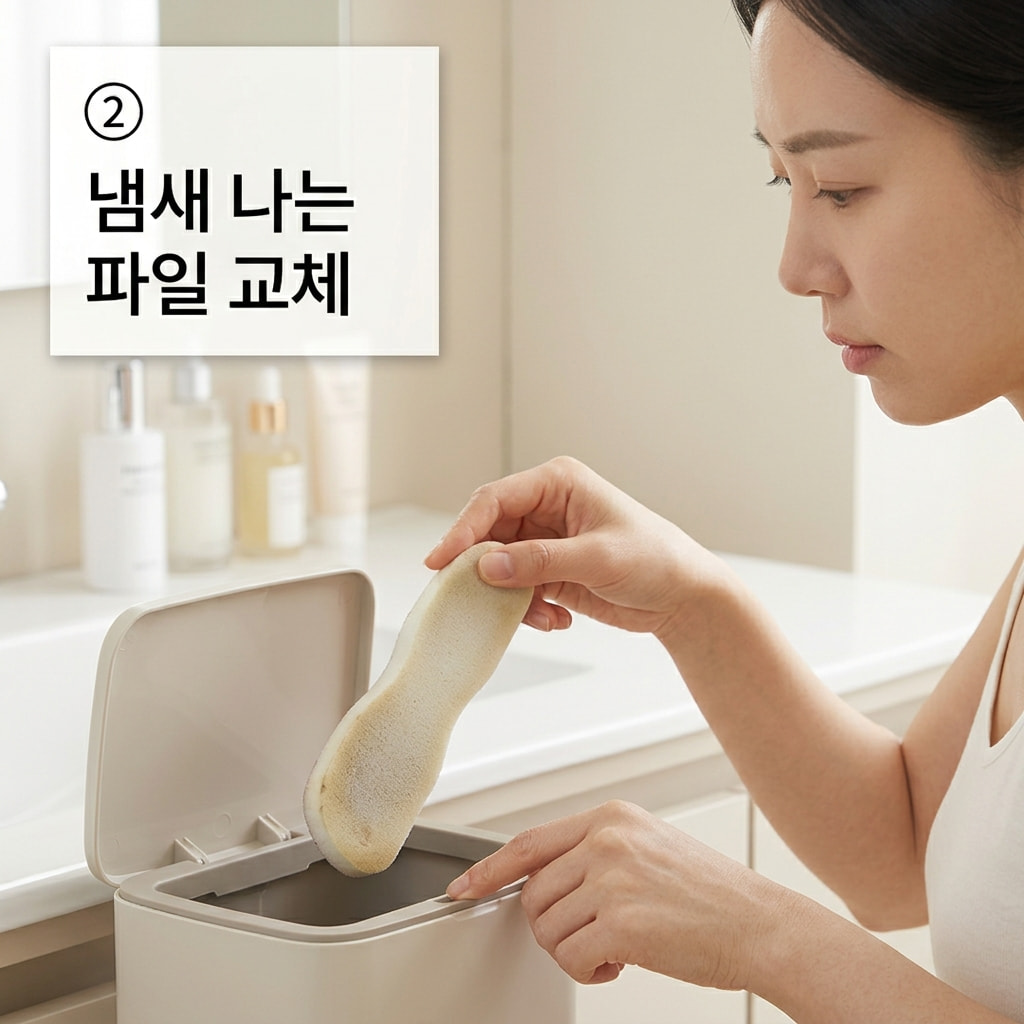 스펀지형 파일 위생 관리를 위해 두 손으로 눅눅한 냄새가 나고 오염된 스펀지 버퍼를 잡아 폐기를 위해 쓰레기통 쪽으로 옮기는 모습.