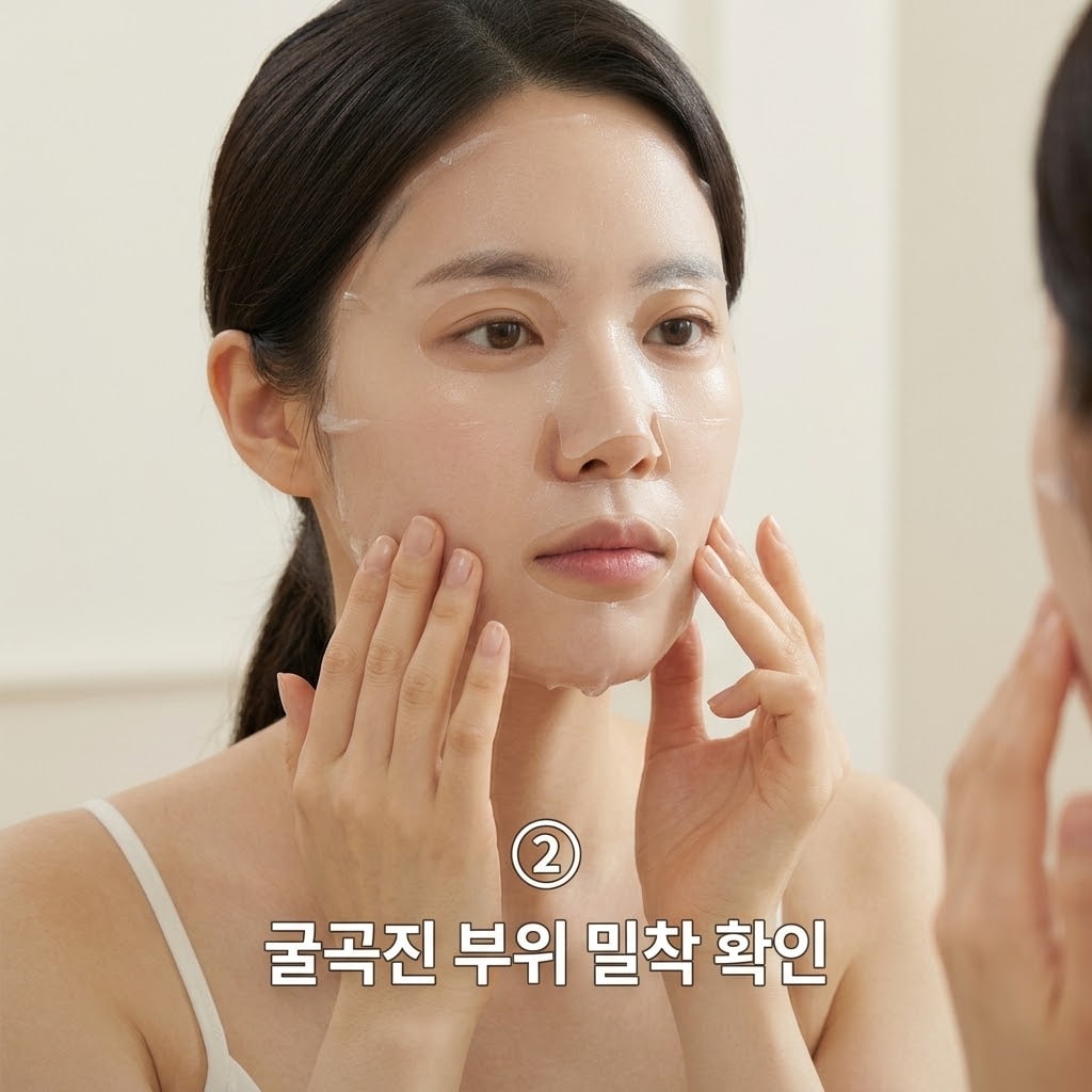 상·하 분리형 겔 시트 밀착력을 높이기 위해 화장대에 앉아 두 손으로 턱선과 콧방울 부위의 들뜬 부분을 섬세하게 눌러 정돈하는 모습.