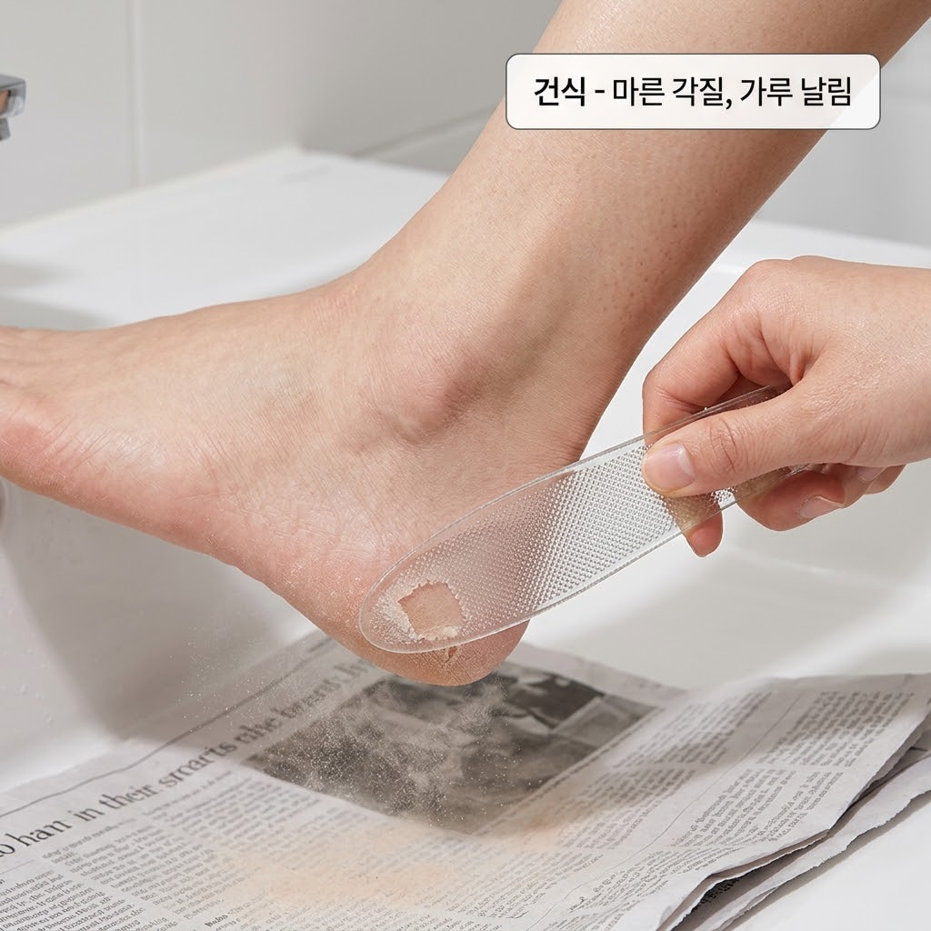 자연광이 비치는 화장대 앞. "두 개의 사람 손"이 물에 불리지 않은 마른 발뒤꿈치를 쥐고, 건식 풋파일을 사용해 과도하게 깎이지 않도록 갈려나가는 각질의 양을 눈으로 확인하며 섬세하게 밀어내는 액션을 취하고 있습니다. 바닥에 떨어질 미세 가루를 대비해 깔아둔 종이 옆에는, 잔여물을 부드럽게 털어낼 메이크업 브러시가 맑은 투명 유리 소재의 "계량컵 없는 믹싱 볼" 안에 자연스럽게 꽂혀 있어 빠르고 간편하게 끝내는 건식 홈케어 상황을 보여줍니다.