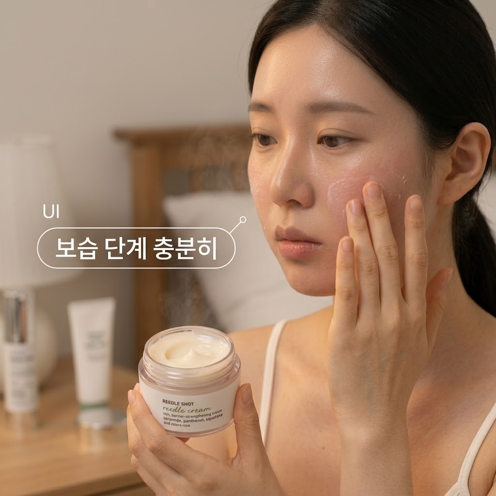 포근한 분위기의 화장대. "두 개의 사람 손"이 리들샷 사용 후 건조해지기 쉬운 양 볼에 세라마이드와 판테놀이 듬뿍 담긴 고보습 크림을 부드럽게 감싸듯 바르며 수분을 겹겹이 채워주는 액션을 취하고 있습니다. 그 옆에는 피부를 편안하게 해 줄 여분의 크림 제형이 맑은 투명 유리 소재의 "계량컵 없는 믹싱 볼" 안에 소복이 담겨 있어, 건성 피부를 위한 든든하고 충분한 보습 단계를 직관적으로 보여줍니다.