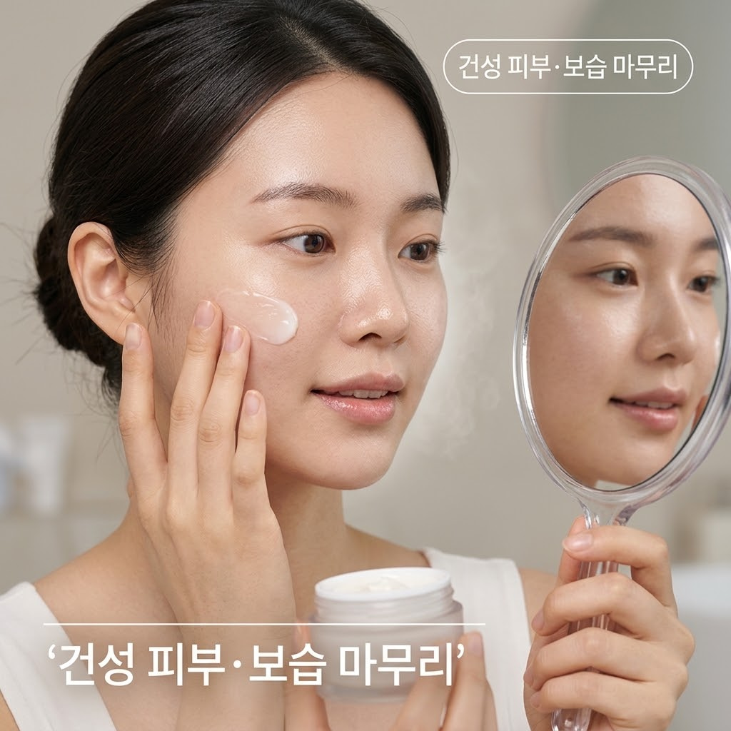 포근하고 윤기가 감도는 무드의 파우더룸. "두 개의 사람 손"이 랩핑 마스크팩을 막 떼어낸 직후 건조해지기 쉬운 양 볼을 고보습 크림과 페이스 오일로 부드럽게 감싸 안으며 수분이 날아가지 않게 밀착시키는 액션을 취하고 있습니다. 화장대 한편에는 보습 레이어링에 쓰일 영양감 있는 크림을 미리 덜어둔 맑은 투명 유리 소재의 "계량컵 없는 믹싱 볼"이 놓여 있어, 건성 피부의 생명인 빈틈없는 애프터 보습 케어 단계를 시각적으로 연출합니다.