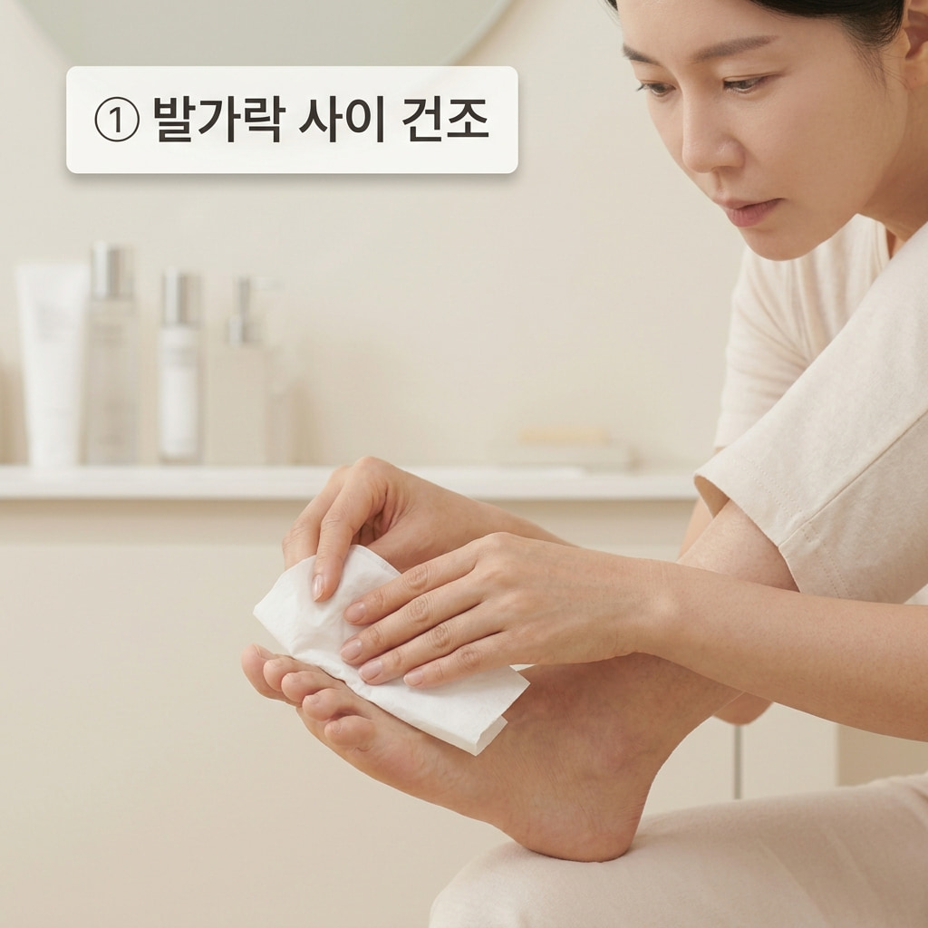 발 말리는 습관을 기르기 위해 두 손으로 깨끗한 티슈를 이용해 발가락 사이사이의 남은 물기를 꼼꼼하게 눌러 닦는 모습.