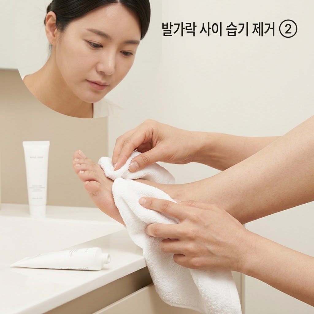 발가락 사이 습기 관리를 위해 두 손으로 풋크림 도포 후 크림이 묻지 않도록 발가락 사이를 깨끗한 수건으로 가볍게 닦아내는 모습.