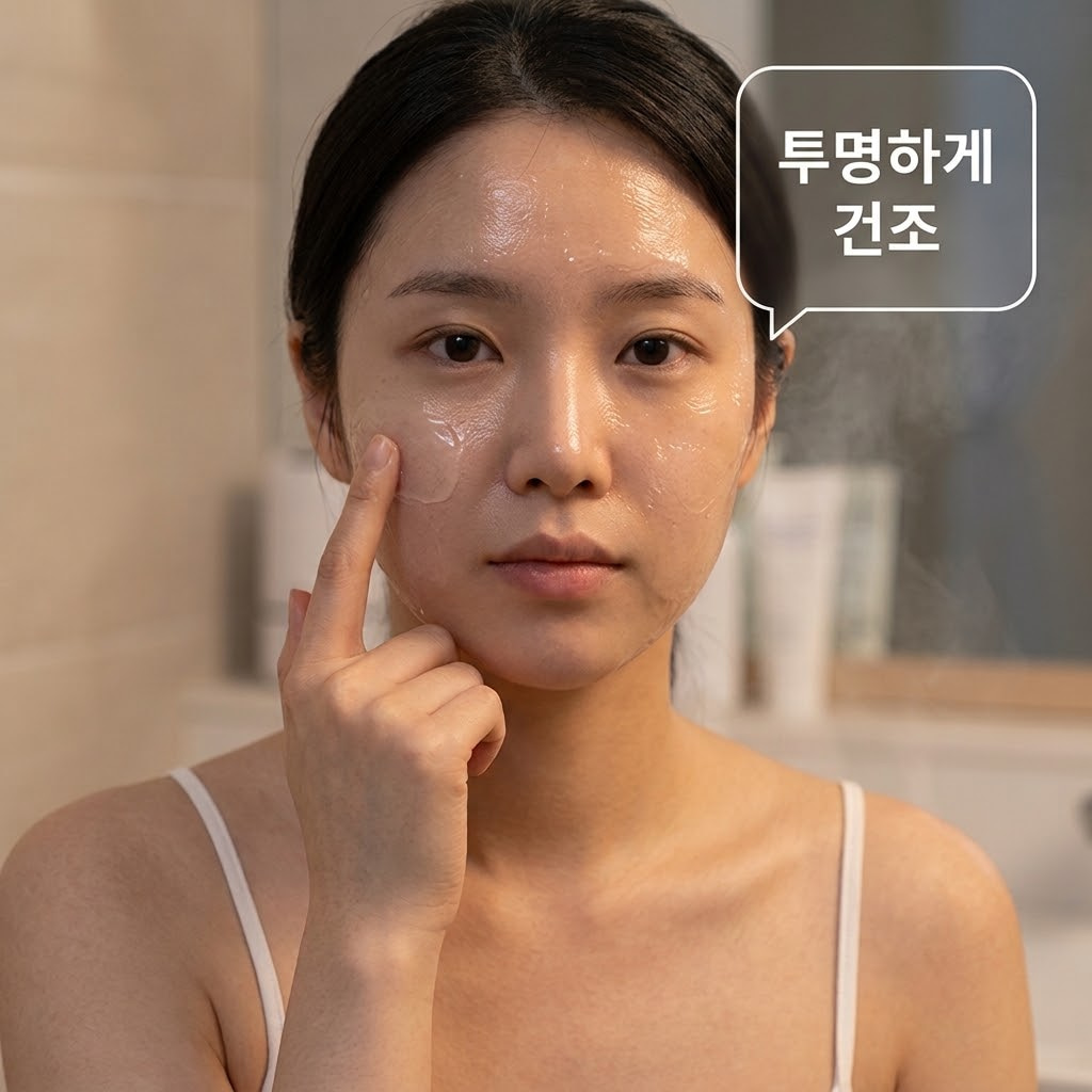 포근한 베개가 살짝 보이는 침대 곁 협탁 앞. "두 개의 사람 손"이 나이트 스킨케어 마지막 단계에서 얼굴에 얇게 펴 바른 팩이 완전히 투명하게 말랐는지 손끝으로 살짝 터치하며 묻어남 여부를 신중하게 확인하고 있습니다. 협탁 위에는 자극적인 레티놀 제품 대신 보습에 집중한 잔여 팩 제형이 차가운 스테인리스 소재의 "계량컵 없는 믹싱 볼" 안에 단정하게 놓여 있어, 베개 오염을 방지하고 유효 성분을 꽉 잠근 완벽한 수면 준비 상태를 묘사합니다.