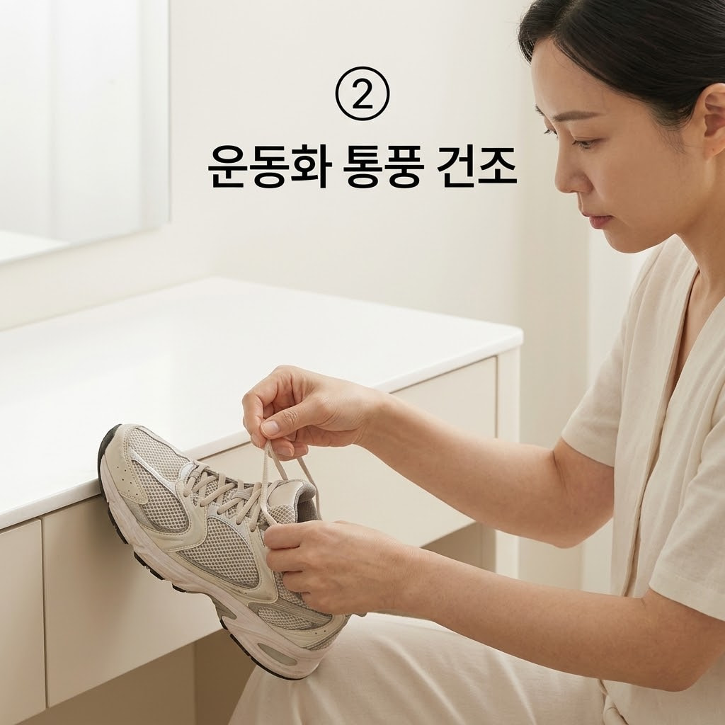 신발 안쪽 스프레이 건조를 위해 두 손으로 운동화 끈을 푼 뒤 통풍이 잘되는 창가에 신발을 넓게 벌려 말리는 모습.