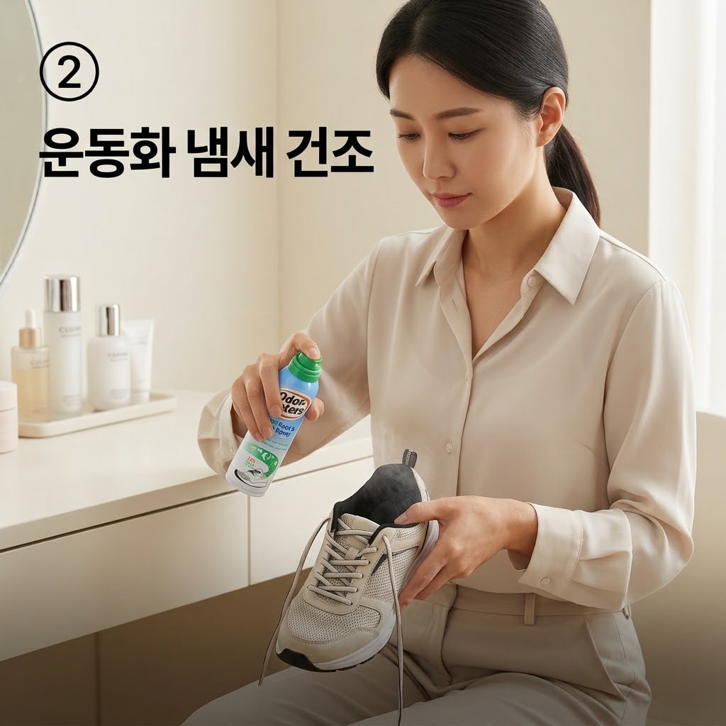 운동화 냄새 관리를 위해 두 손으로 신발 겸용 풋스프레이를 안쪽에 골고루 분사한 뒤 끈을 넓게 풀어 충분히 건조시키는 모습.