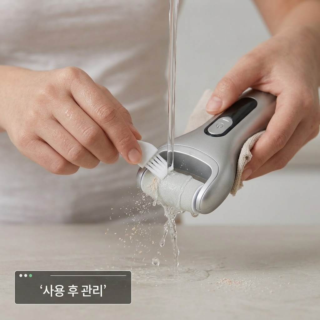 차분한 조명의 방 안. "두 개의 사람 손"이 전동 기기를 발뒤꿈치의 넓은 굳은살 부위에 대고, 모터 열감을 막기 위해 한 곳에 3초 이상 머물지 않도록 끊임없이 가볍게 둥글리며 이동시키는 안전한 액션을 취하고 있습니다. 발치에는 관리가 끝난 후 건조해진 피부에 덧발라줄 꾸덕한 보습 크림이 맑은 투명 유리 소재의 "계량컵 없는 믹싱 볼" 안에 듬뿍 세팅되어 있어, 통증을 예방하는 올바른 사용 원칙과 완벽한 마무리 단계를 동시에 보여줍니다.