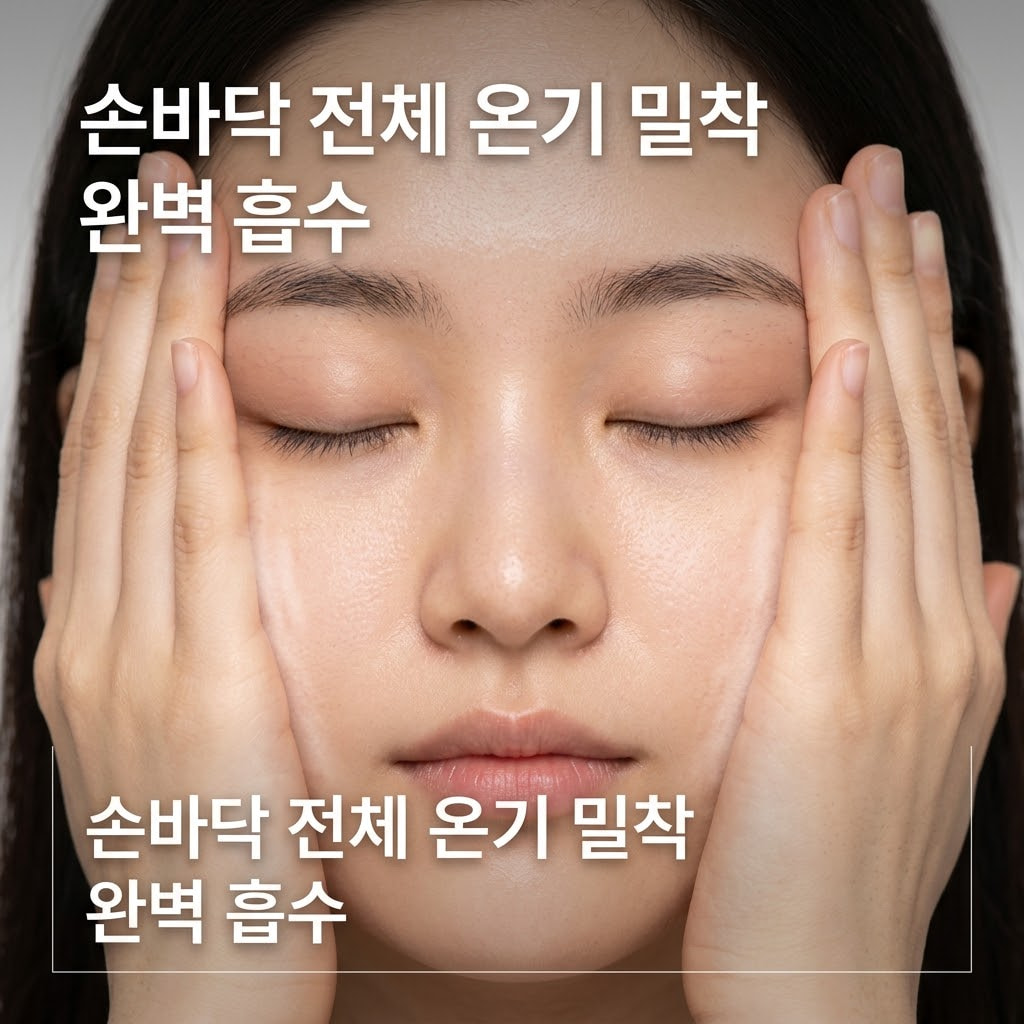 화장 전 마스크팩 에센스 흡수 화장 전 마스크팩 에센스 흡수를 위해 두 손바닥으로 얼굴 전체를 지그시 감싸며 남은 수분을 피부에 밀착시키는 모습.