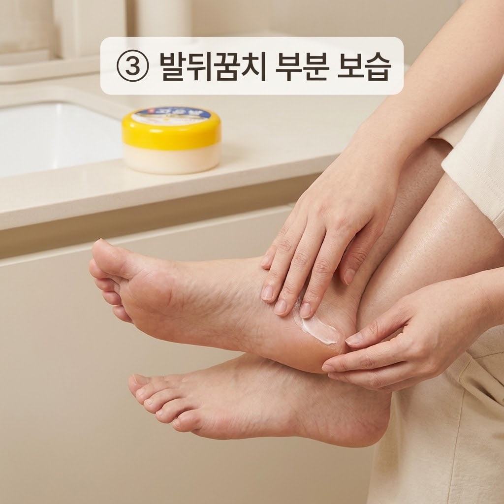 발땀이 많은 피부의 보습 관리를 위해 두 손으로 발바닥과 발가락 사이를 피하고 건조한 발뒤꿈치 가장자리에만 크림을 얇게 바르는 모습.