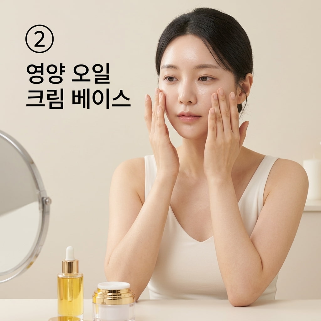 팩 전 영양 오일과 리치 크림 베이스 모델링팩의 규조토 밀폐 효과를 극대화하기 위해 두 손으로 페이스 오일을 섞은 리치한 재생 크림을 얼굴 전체에 듬뿍 도포하는 모습.