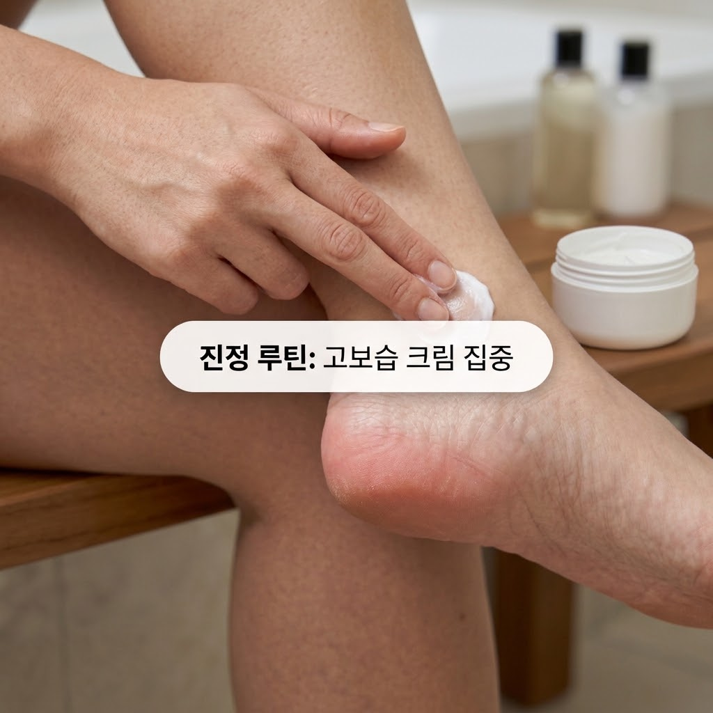 차분한 분위기의 파우더룸 테이블. "두 개의 사람 손"이 무리한 각질 제거 후 일시적으로 붉어지고 예민해진 발뒤꿈치의 상태를 세심하게 짚어보며 확인한 뒤, 장벽 복구를 위해 고보습 진정 크림을 듬뿍 얹어주는 방어적 액션을 취하고 있습니다. 테이블 위에는 2주간의 휴식기 동안 피부를 달래줄 차가운 알로에 수딩 겔이 맑은 투명 유리 소재의 "계량컵 없는 믹싱 볼" 안에 넉넉하게 담겨 있어, 자극이 느껴지면 즉각 제거를 중단하고 회복에 전념하는 올바른 루틴 조절 상황을 직관적으로 묘사합니다.