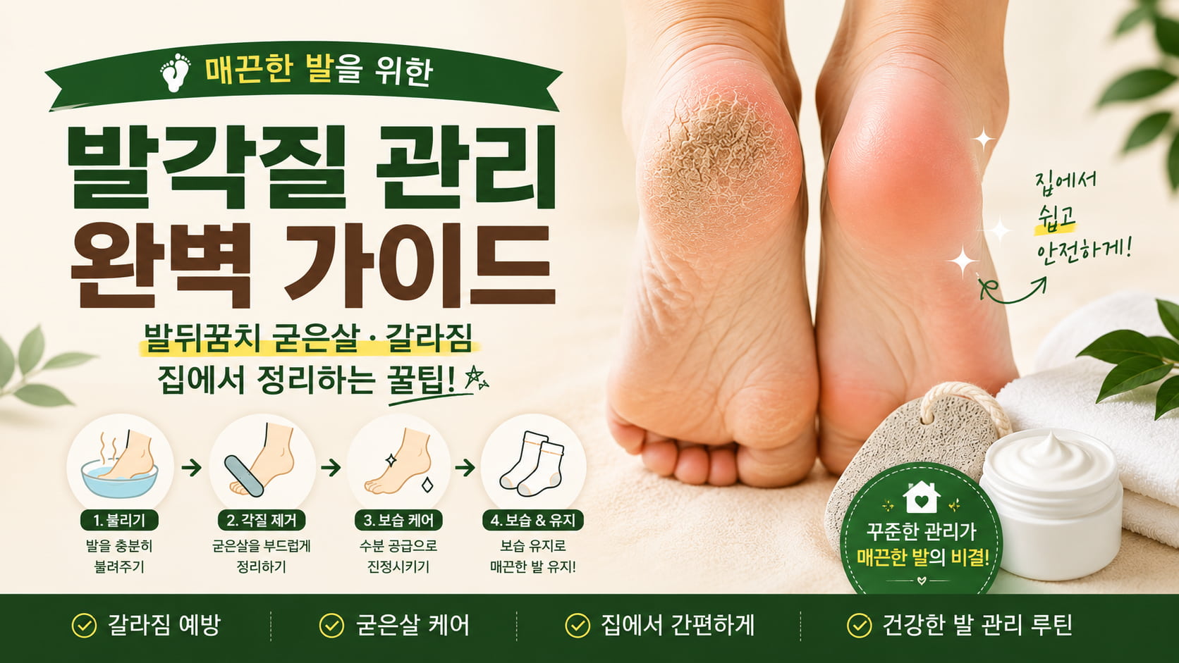 발뒤꿈치 굳은살과 갈라진 발을 집에서 관리하는 발각질 홈케어 방법을 소개하는 16대9 인트로 배너 이미지
