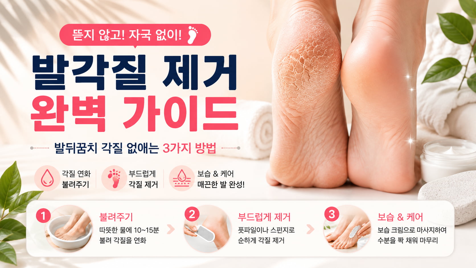 발각질 제거 완벽 가이드를 소개하는 16대9 가로 배너 이미지로 갈라진 발뒤꿈치와 매끈한 발을 비교하며 발 불리기, 부드러운 각질 제거, 보습 케어 3단계를 보여주는 홈케어 인트로 이미지