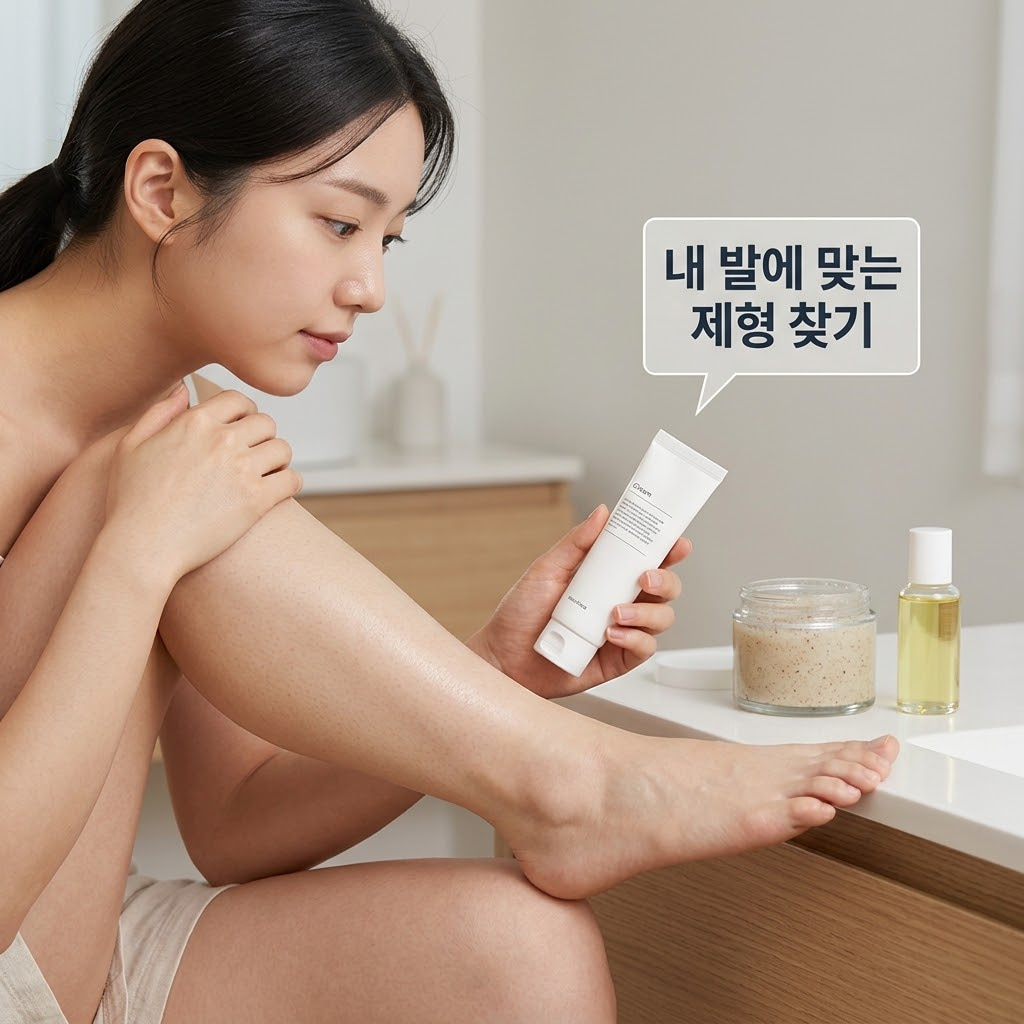 따뜻한 조명의 베이지톤 욕실 선반 위. 두 개의 사람 손 중 왼손이 스크럽 제형이 담긴 투명 유리 소재의 계량컵 없는 믹싱 볼을 받치고 있고, 오른손은 볼 안의 스크럽을 손가락 끝으로 가볍게 떠서 제형을 확인하고 있습니다. 볼 옆에는 고농축 크림 튜브와 풋 오일병이 자연스럽게 놓여 있어 사용 목적에 따라 제품을 고민하는 상황을 연출합니다.