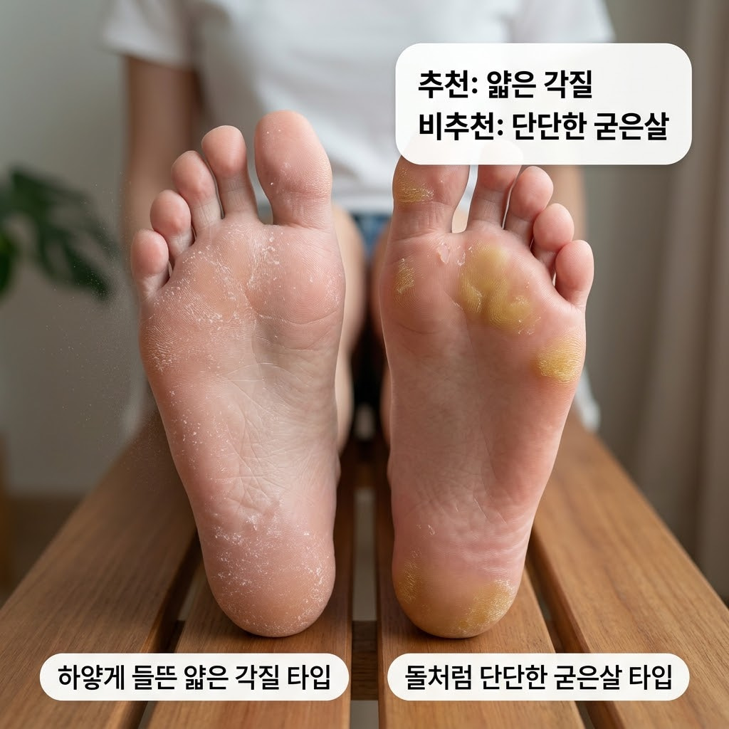 포근한 러그가 깔린 거실 바닥. "두 개의 사람 손"이 발바닥 전체에 하얗게 일어난 얇은 각질 부위와 국소적으로 단단하게 뭉친 굳은살 부위를 번갈아 만져보며 발각질팩 사용이 적합한지 꼼꼼히 진단하는 액션을 취하고 있습니다. 그 옆에는 진단 결과에 따라 선택할 수 있도록, 화학적 필링 팩과 물리적 풋파일이 맑은 투명 유리 소재의 "계량컵 없는 믹싱 볼" 안에 나란히 담겨 있어 내 발에 맞는 맞춤형 관리를 신중하게 준비하는 상황을 보여줍니다.