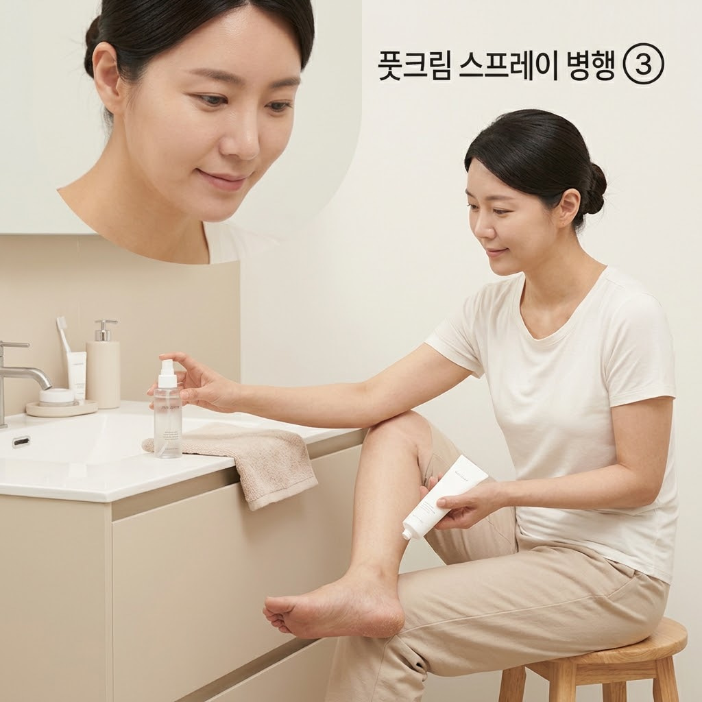 풋크림과 풋스프레이 병행 사용을 위해 두 손으로 저녁 보습용 풋크림을 쥐고 거친 발뒤꿈치에 바를 준비를 하며 낮 외출용 스프레이는 화장대에 올려둔 모습.