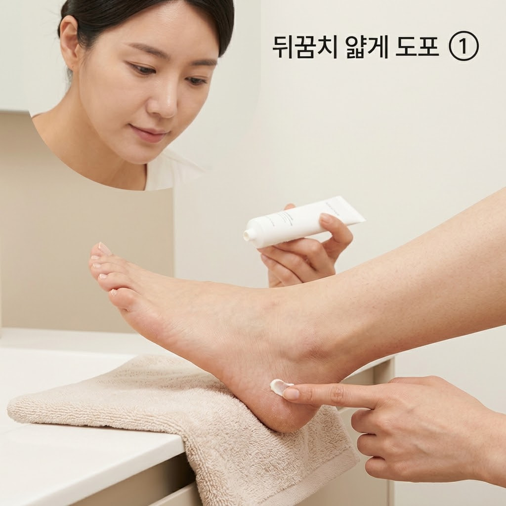 발땀이 많은 피부의 풋크림 도포를 위해 두 손으로 발바닥과 발가락 사이를 피해 갈라진 발뒤꿈치 가장자리에만 소량의 크림을 얇게 펴 바르는 모습.