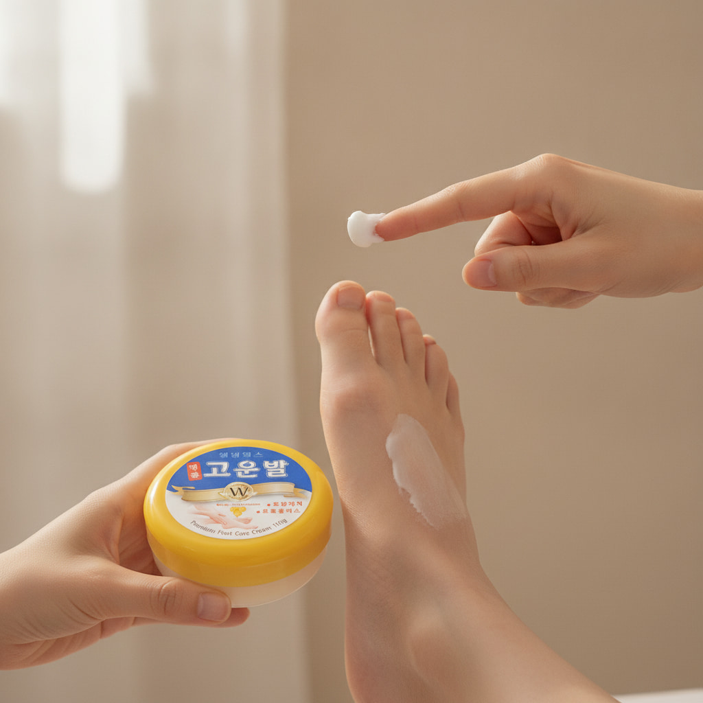 끈적임 없는 풋크림 사용을 위해 콩알 크기만큼 덜어낸 크림을 두 손바닥으로 뒤꿈치에 꾹꾹 눌러 흡수시키는 모습.