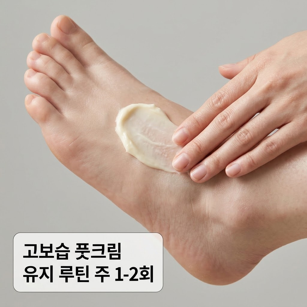 편안한 무드의 침실 테이블 옆. "두 개의 사람 손"이 팩으로 각질을 비워낸 깨끗한 발에 수분과 영양을 꽉 채우기 위해, 쫀쫀한 에센스가 가득한 시트형 발 보습팩을 빈틈없이 밀착시켜 씌워주는 다정한 액션을 취하고 있습니다. 테이블 위에는 평소 데일리로 발라줄 꾸덕한 고보습 풋크림과 인기 있는 올리브영 추천 보습팩들이 맑은 투명 유리 소재의 "계량컵 없는 믹싱 볼" 안에 풍성하게 담겨 있어, 정기적인 필링과 주 1~2회의 보습 케어를 결합한 가장 이상적인 홈케어 꿀조합을 묘사합니다.