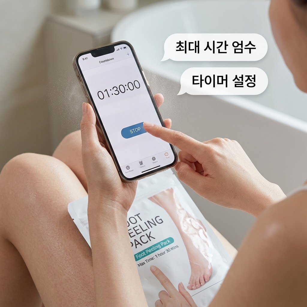 화사하고 아늑한 방 안 테이블 위. "두 개의 사람 손"이 발각질팩 패키지 뒷면의 '최대 방치 시간'을 손가락으로 짚어 확인하며, 다른 한 손으로는 스마트폰 타이머를 꼼꼼하게 맞추는 안전한 뷰티 준비 액션을 취하고 있습니다. 테이블 한편에는 팩 포장을 뜯고 남은 잔여물과 여분의 팩이 맑은 투명 유리 소재의 "계량컵 없는 믹싱 볼" 안에 깔끔하게 담겨 있어, 화학적 화상 자극을 피하고 권장 시간을 엄격하게 지키려는 철저한 상황을 묘사합니다.