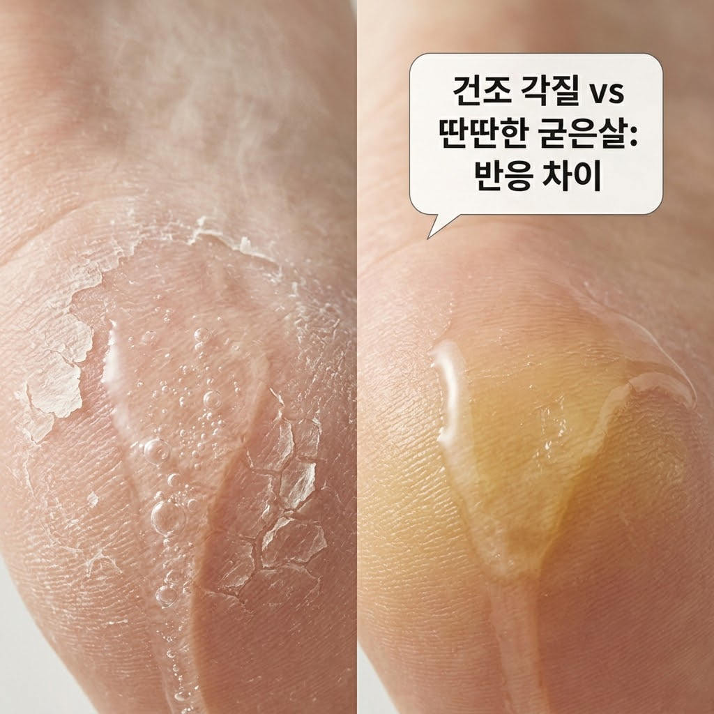 차분한 조명의 소파 테이블 위. 두 개의 사람 손이 발바닥의 하얗게 뜬 건조한 부위와 압력을 받아 딱딱하게 굳은 굳은살 부위를 번갈아 만져보며, 팩의 액체가 스며들 수 있는 피부 상태인지 꼼꼼하게 점검하는 액션을 취하고 있습니다. 테이블 한쪽에는 팩 사용 전 발 표면을 정돈할 토너 워터가 차가운 스테인리스 소재의 계량컵 없는 믹싱 볼 안에 깔끔하게 준비되어 있어, 피부 타입에 따른 효과 차이를 확인하는 진단 상황을 묘사합니다.