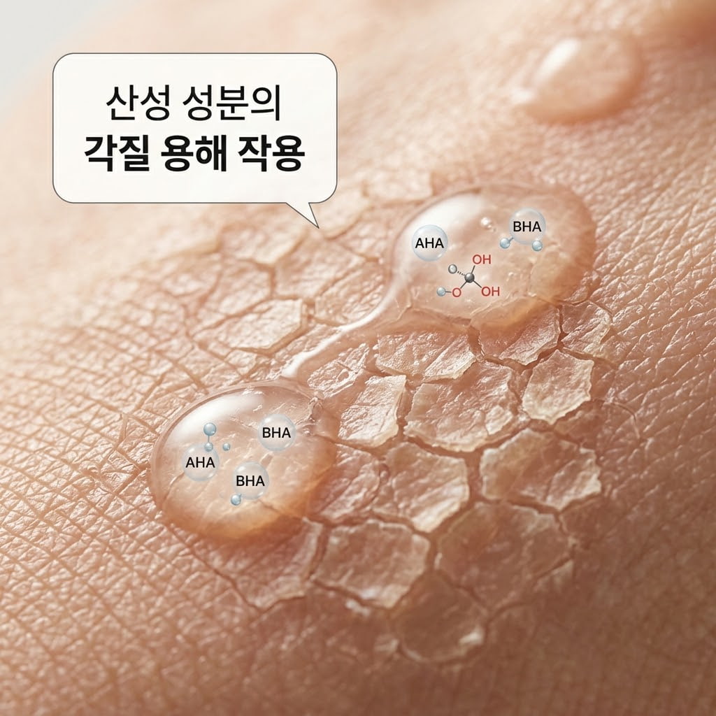 쾌적한 타일 배경의 욕실 세면대 위. 두 개의 사람 손이 발각질팩 안에 들어갈 투명한 필링 에센스(AHA, BHA 성분)를 화장솜에 적셔 결합을 느슨하게 만드는 농도를 확인하는 듯한 섬세한 액션을 취하고 있습니다. 그 옆에는 에센스를 넉넉하게 덜어둔 맑은 투명 유리 소재의 계량컵 없는 믹싱 볼이 놓여 있어, 묵은 각질을 부드럽게 녹여내는 화학적 박피 과정을 시각적으로 보여줍니다.