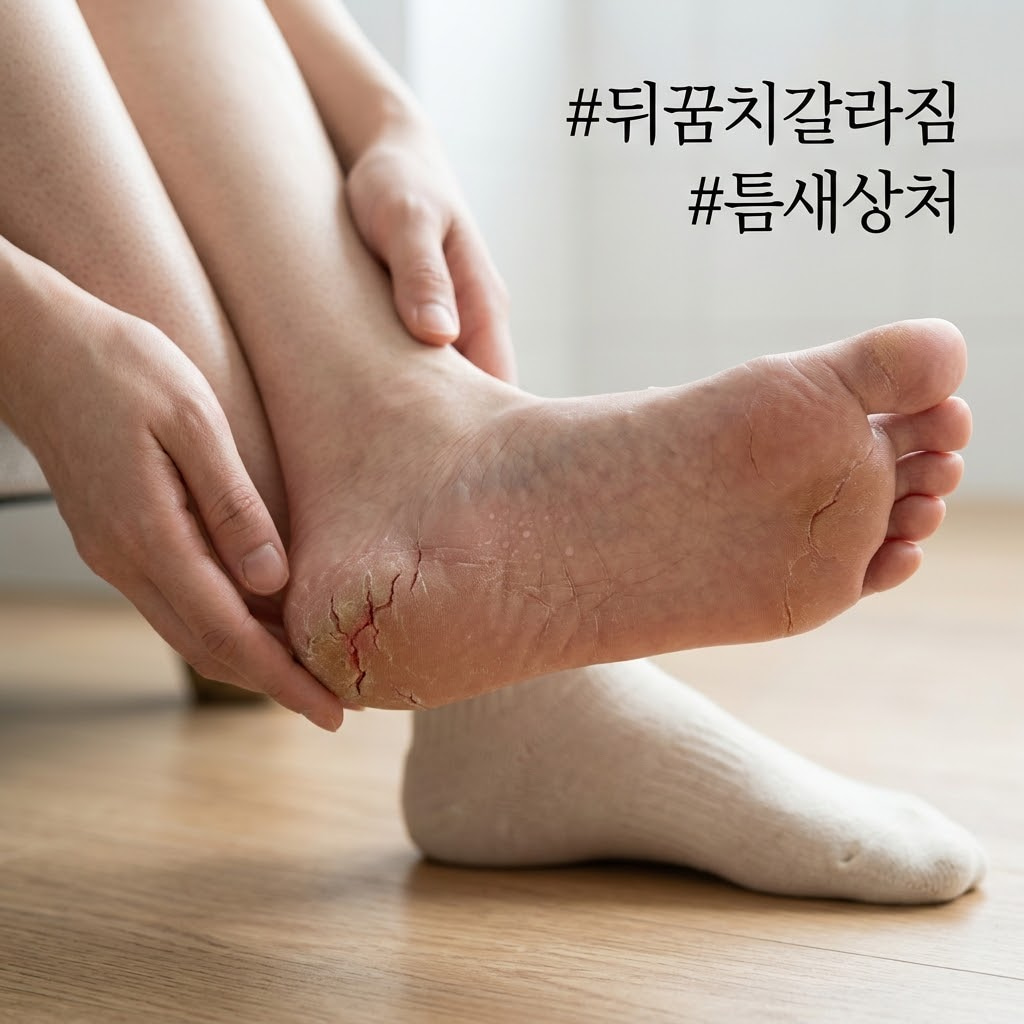 발뒤꿈치 갈라짐 상처 풋필링팩 부작용 주의: 통증 예방 및 재생 보습 크림 추천 발뒤꿈치 갈라짐 및 상처. 풋필링팩 부작용 예방을 위해 보습 크림을 듬뿍 바르며 발 피부 장벽을 재생하는 모습.