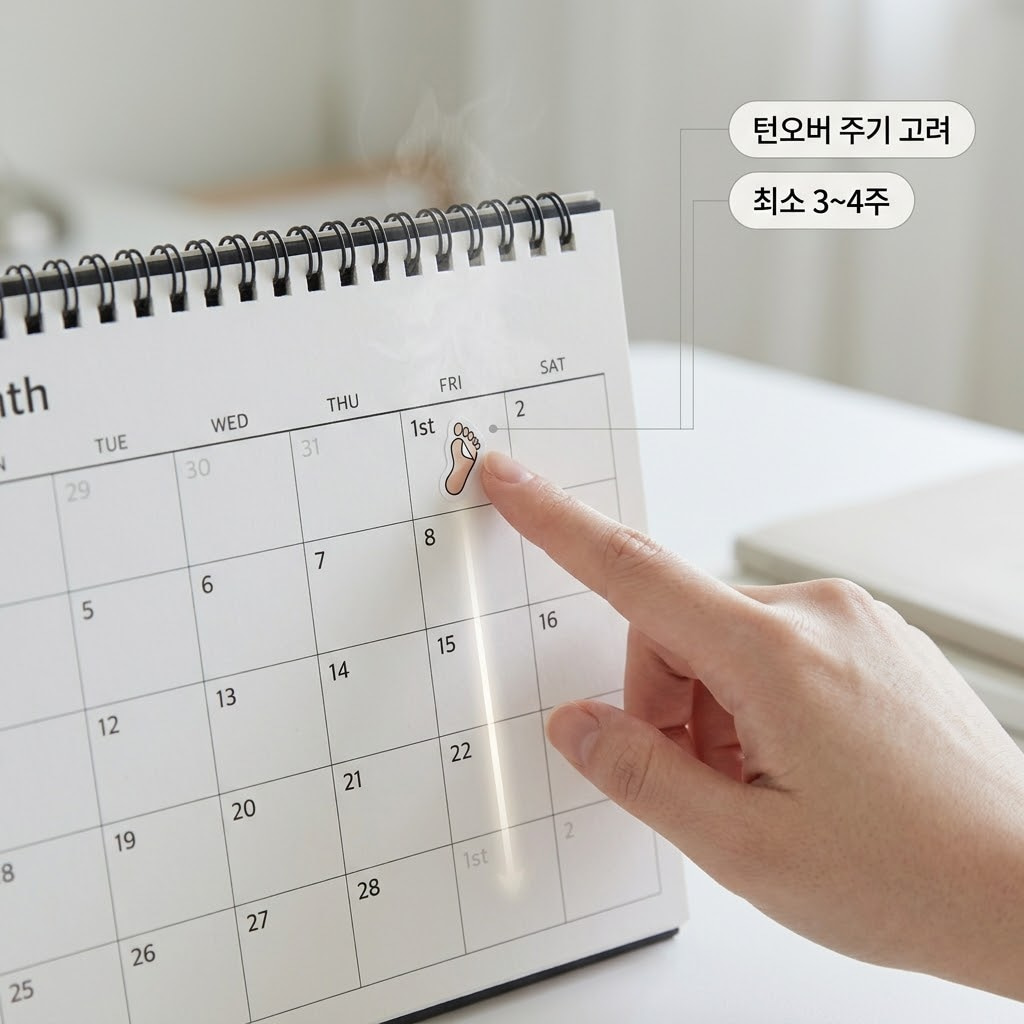 안전한 발각질 관리를 위한 풋필링팩 월 1회 한 달 사용 주기 달력 체크 풋필링팩 사용 주기 및 발 각질 턴오버 주기에 맞춰, 두 손으로 탁상 달력에 월 1회 다음 사용일을 펜으로 체크하며 과사용을 예방하는 모습.