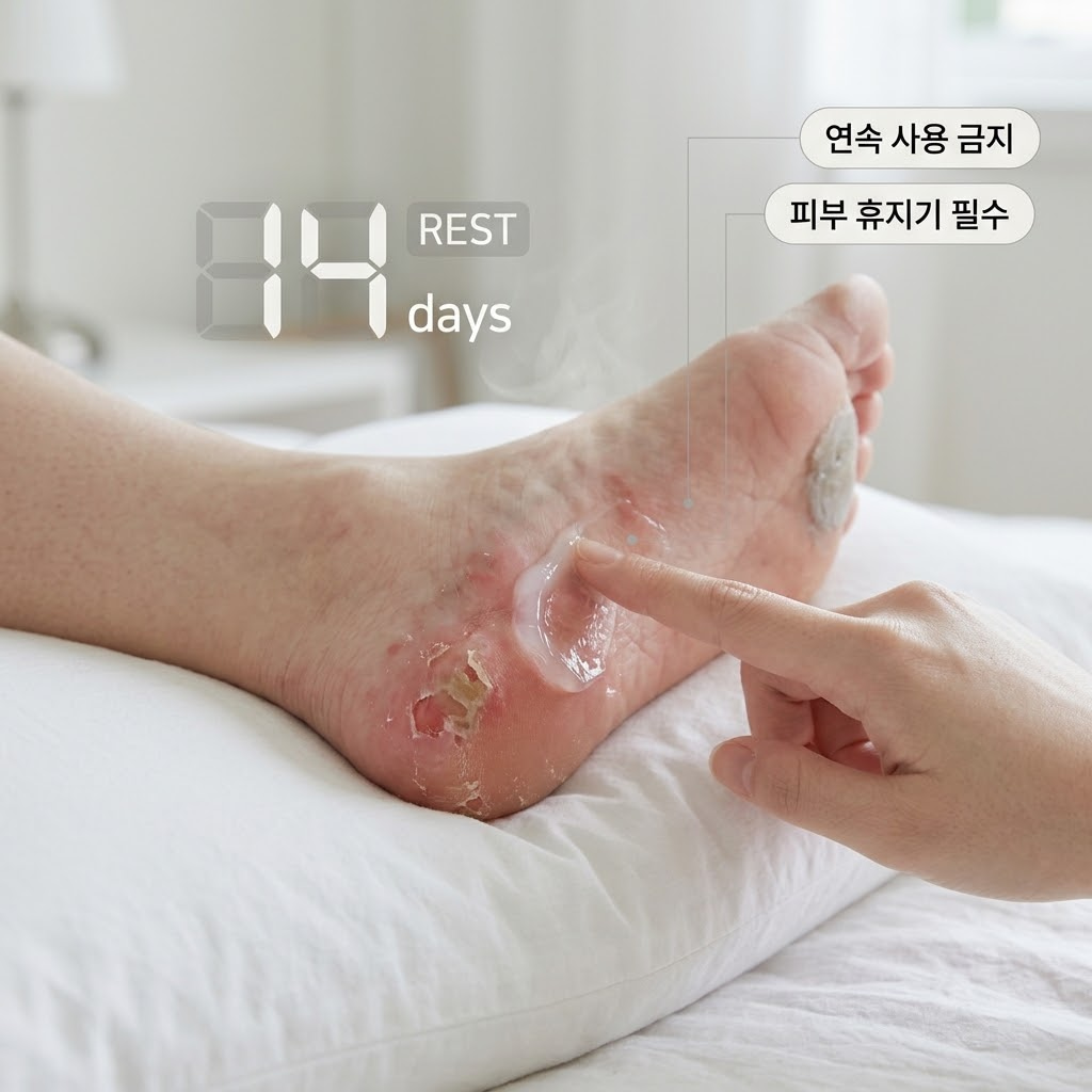 급성 피부염 예방: 풋필링팩 연속 사용 금지 및 안전한 발 피부 휴지기 보습 관리 풋필링팩 연속 사용 금지. 모래시계를 두고 발 피부 휴지기를 가지며, 두 손으로 지저분하게 남은 발 각질에 부드럽게 보습 로션을 롤링하는 모습.