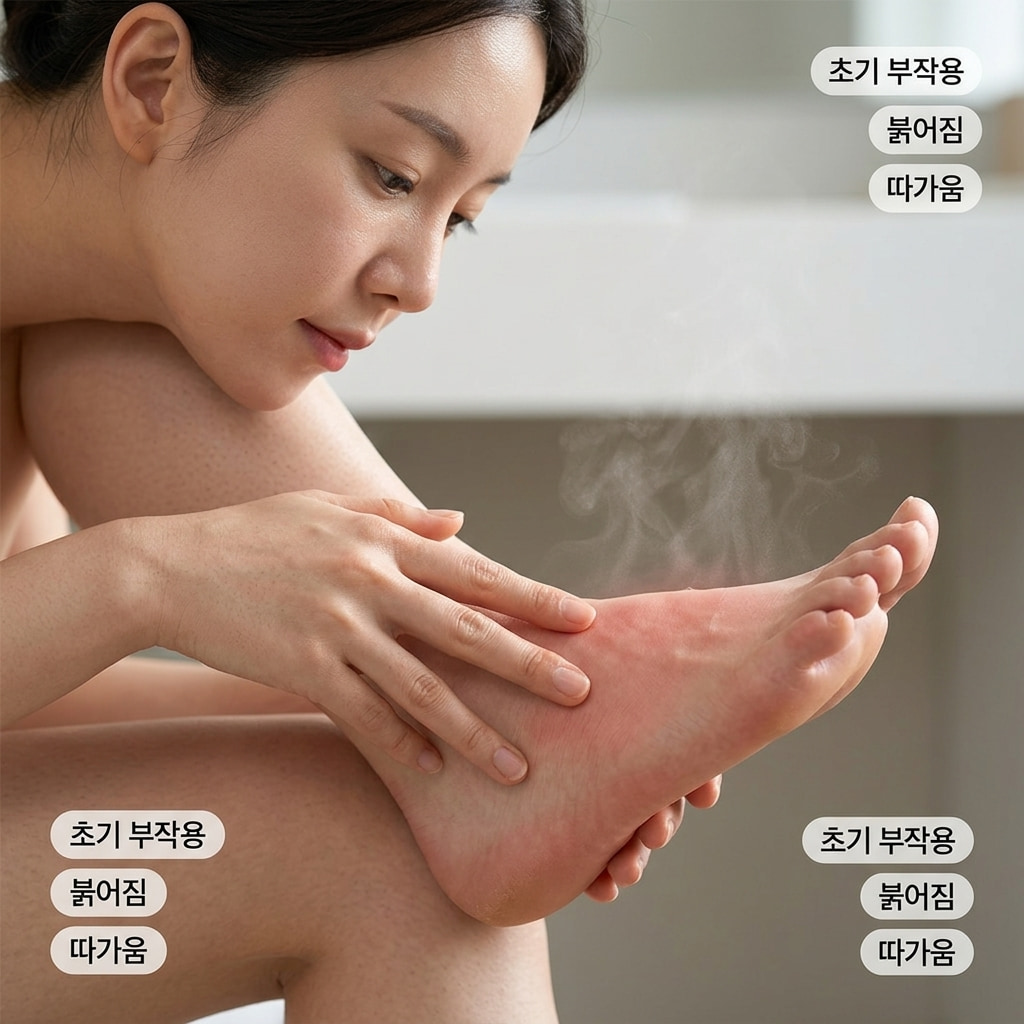 풋필링팩 초기 부작용 증상: 발각질팩 따가움 및 발등 붉어짐 체크 풋필링팩 부작용 증상. 발각질팩 사용 후 산성 자극으로 인해 건조함과 발등 붉어짐 및 따가움을 확인하는 모습.