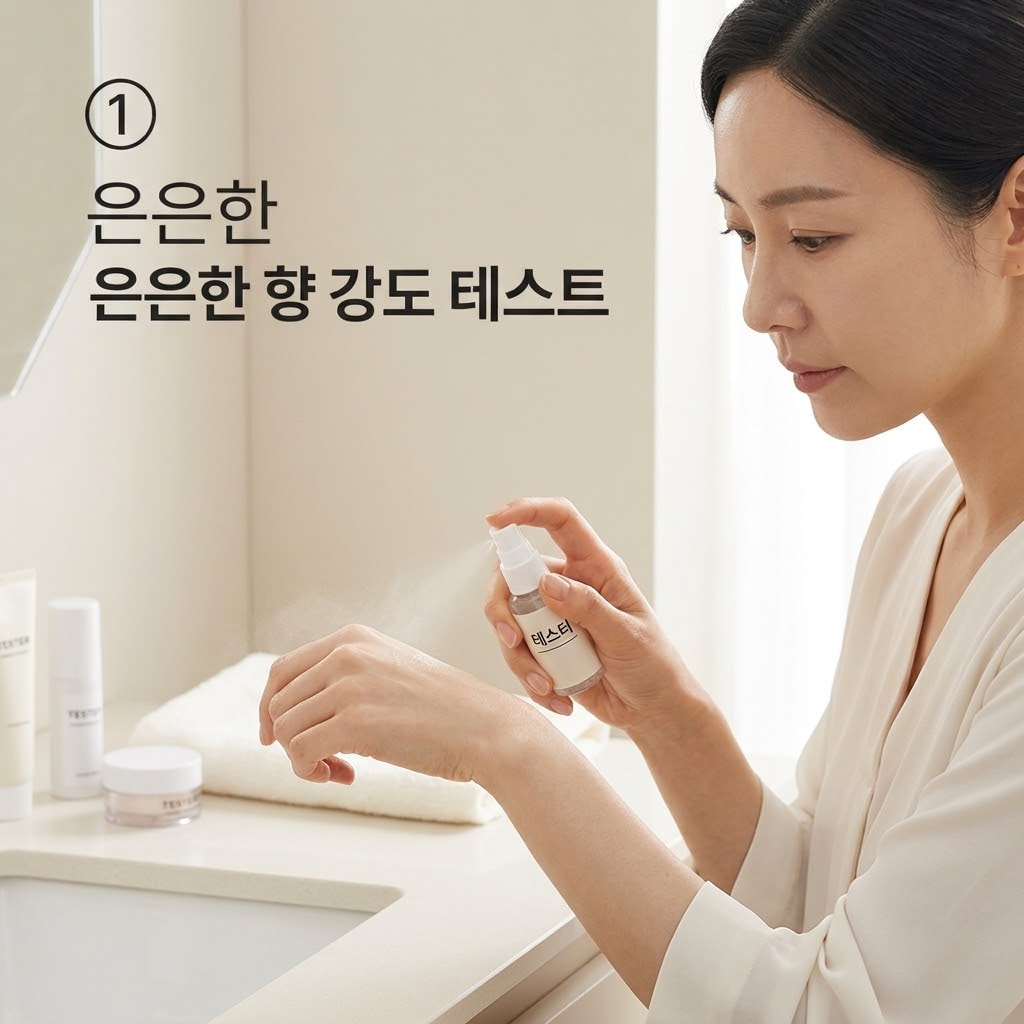 풋스프레이 무향 제품을 선택하기 위해 두 손으로 소용량 테스터를 손등에 가볍게 뿌리며 향의 강도를 조심스럽게 확인하는 모습.