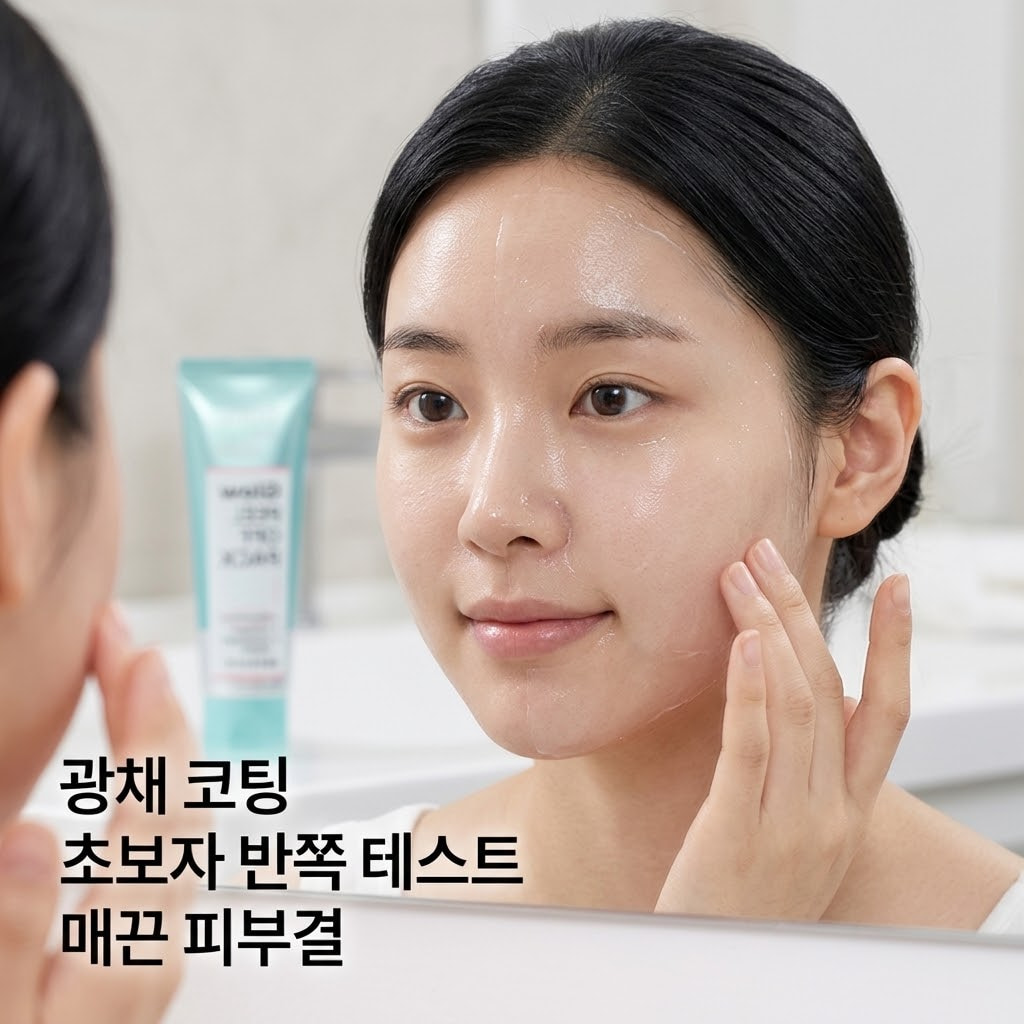 다이소 필오프팩 입문 프롬더스킨 글로우팩. 메이크업 전 팩으로 피부결 개선을 위해 투명 광채 코팅 팩을 얇게 펴 바르는 모습.