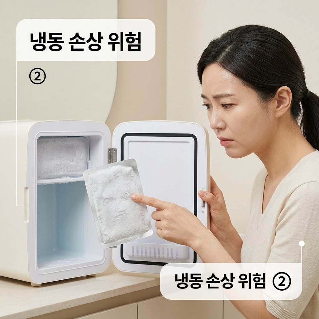 얼어붙은 냉동 마스크팩 손상 점검 마스크팩 냉동 보관 위험성을 확인하기 위해 두 손으로 꽝꽝 얼어붙어 뻣뻣해진 시트팩 파우치를 만져보며 파괴된 제형 상태를 점검하는 모습.