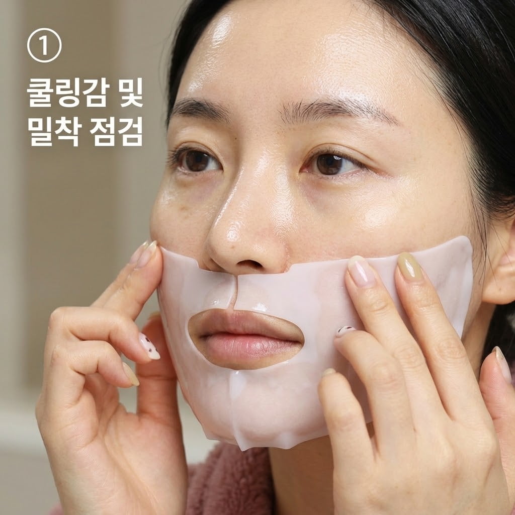 겔마스크 10분 후 쿨링감을 확인하기 위해 두 손으로 시트팩 가장자리를 가볍게 누르며 피부 반응을 살피는 모습.