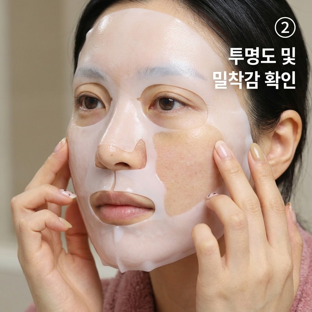 겔마스크 투명도 변화를 확인하기 위해 거울 앞에서 두 손으로 볼과 턱선의 시트를 만져보며 밀착 상태를 점검하는 모습.