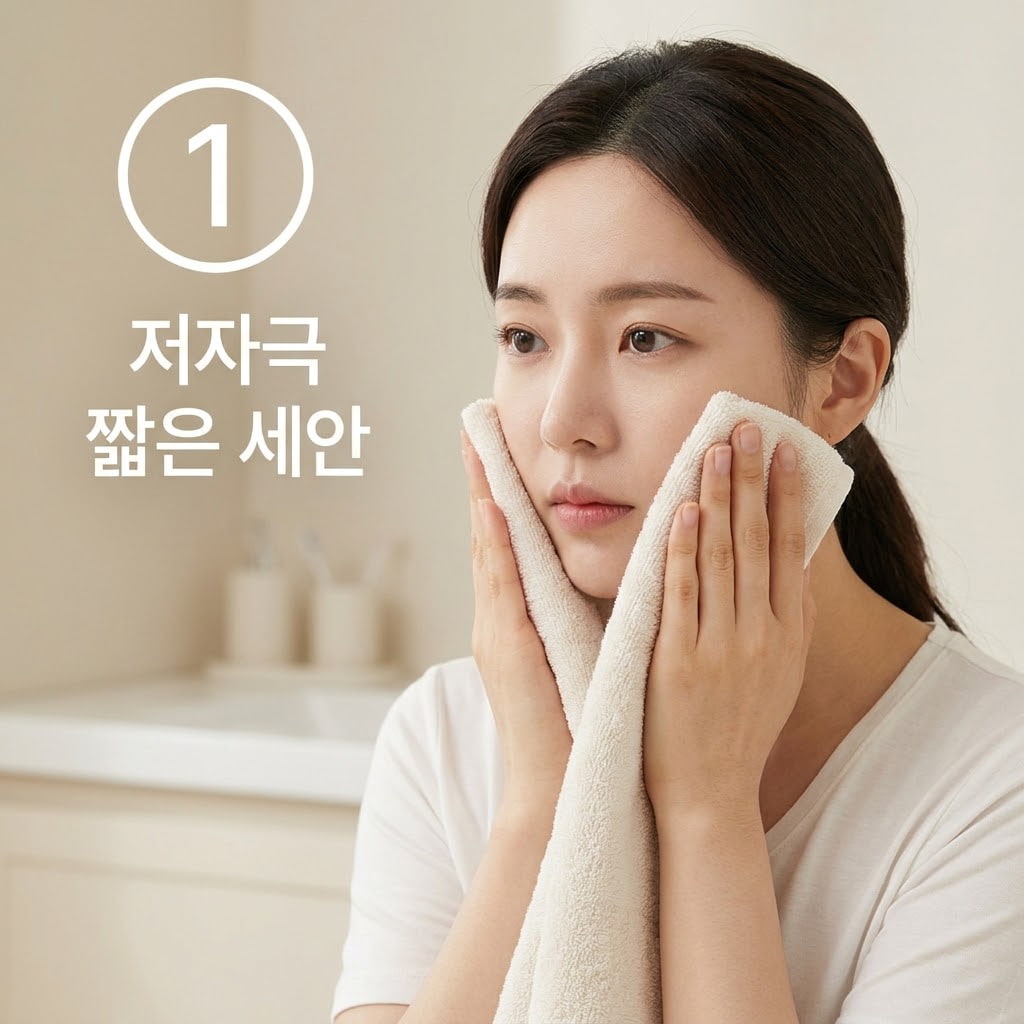 콜라겐 팩 부작용 후 회복을 위한 저자극 세안 기준에 맞춰 두 손으로 깨끗한 수건을 이용해 얼굴 물기를 가볍게 눌러 제거하는 모습.