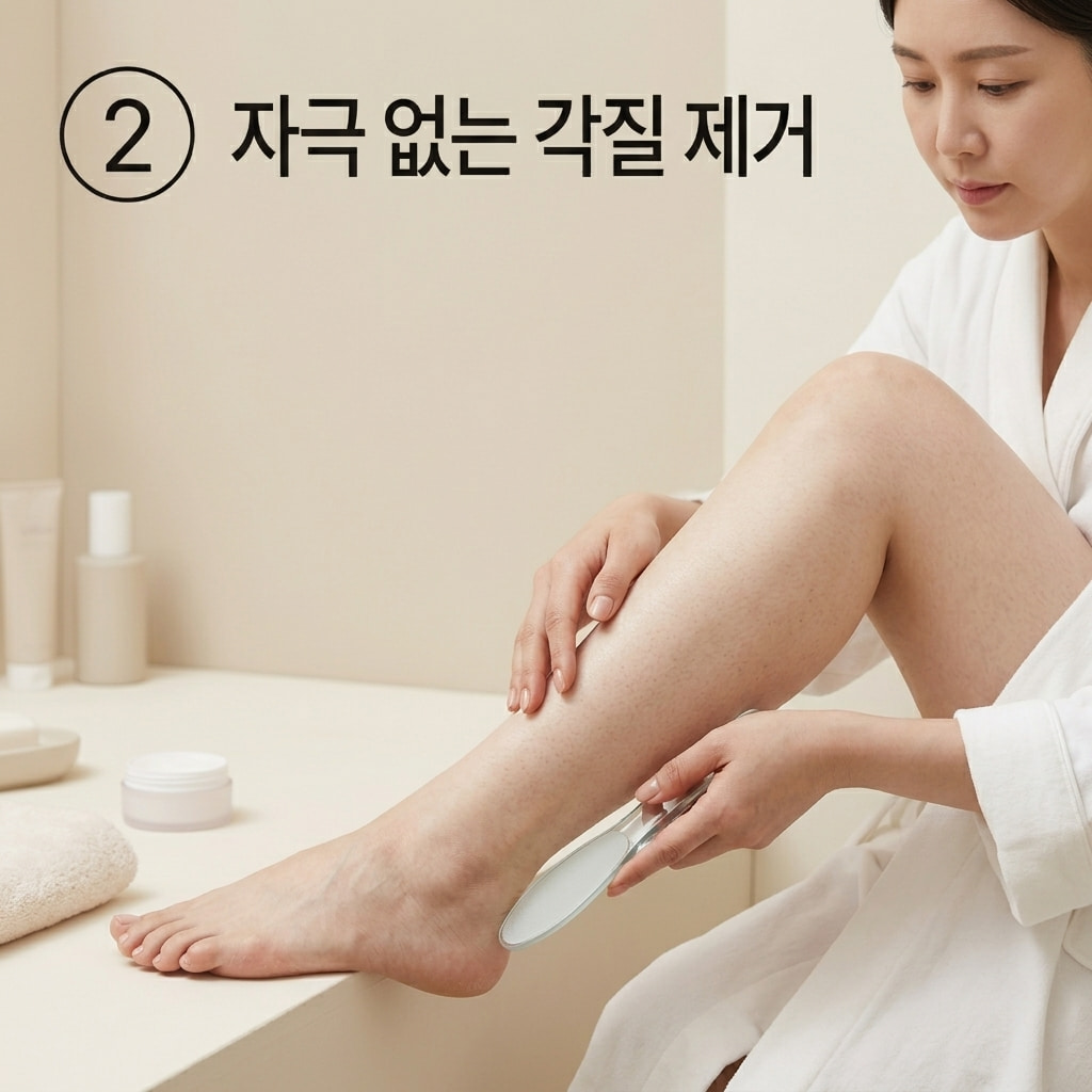 발각질 제거와 풋크림 간격 두기를 실천하기 위해 두 손으로 풋파일을 쥐고 안정된 발뒤꿈치 피부 표면만 가볍게 정돈하는 모습.