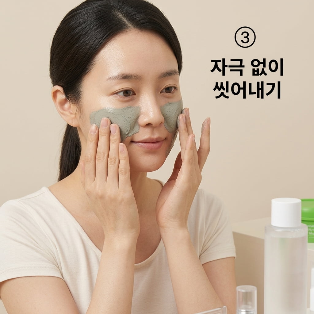 모공팩 세안 시 피부 자극을 방지하기 위해 두 손에 미온수를 묻혀 그린토마토 팩을 부드럽게 불린 뒤 자극 없이 씻어내는 모습.