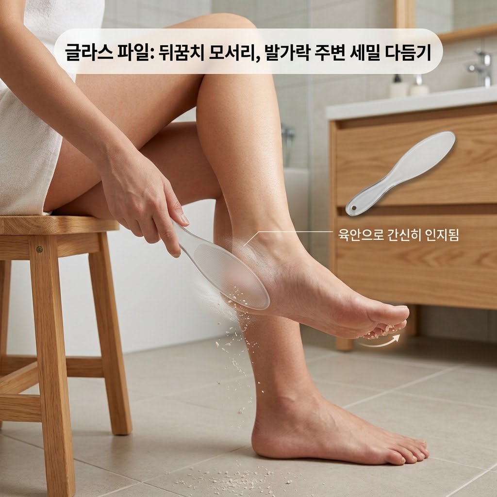 글라스 발각질 제거기 추천: 하얀 발각질 원인 차단 및 유리 풋파일로 발가락 각질 없애는 법 하얀 발각질 원인과 발가락 각질 관리를 위한 유리 풋파일. 자극 없는 글라스 발각질 제거기로 섬세하게 풋케어하는 모습.