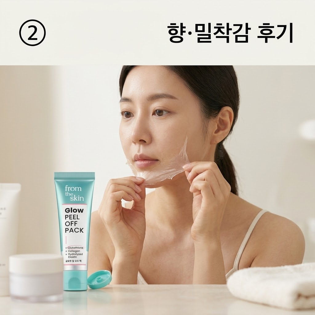 광채팩의 끈적임과 피부 밀착감을 점검하기 위해 두 손으로 턱 가장자리부터 마른 팩을 부드럽게 떼어내는 모습.