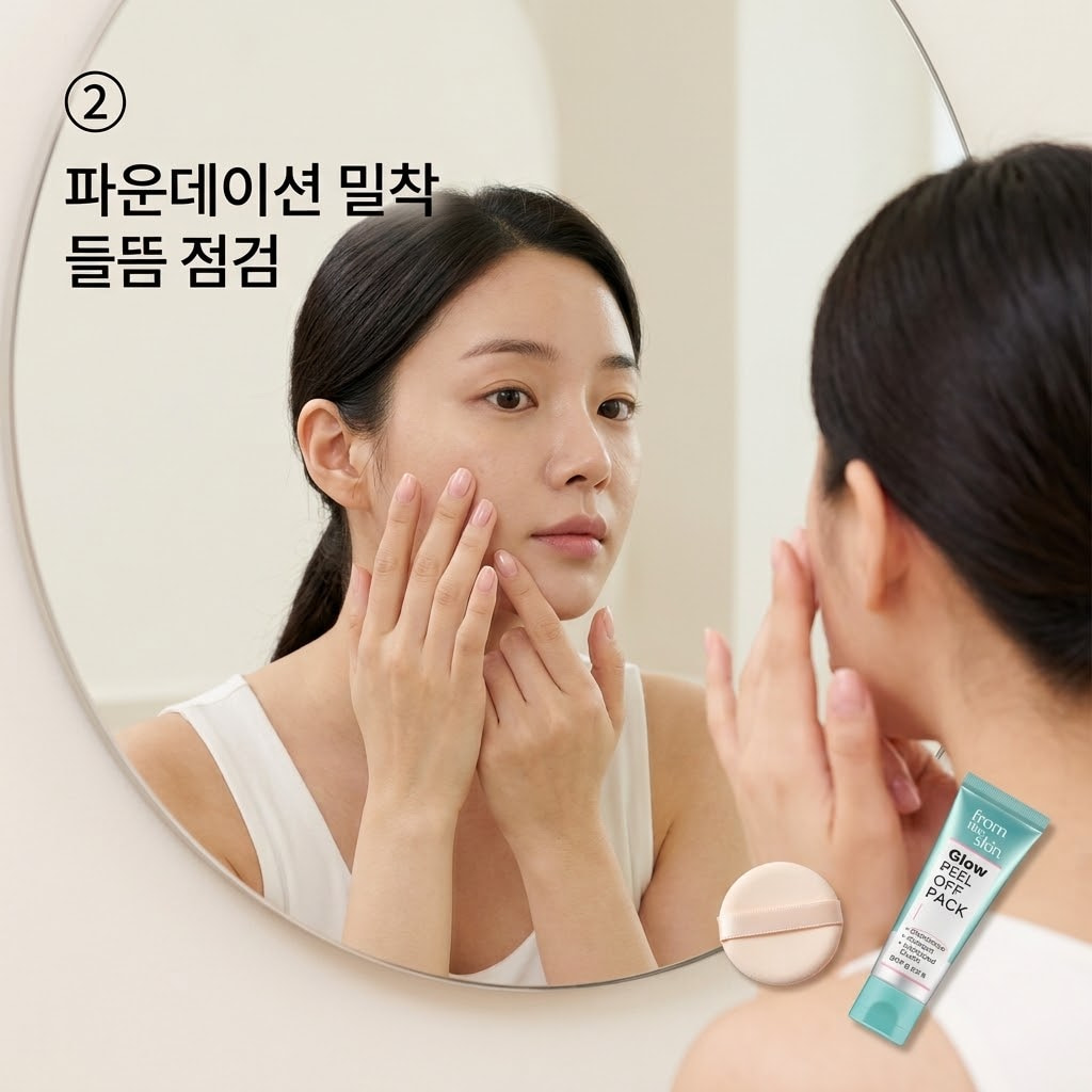 파운데이션 밀착 체감을 확인하기 위해 두 손으로 메이크업 퍼프를 쥐고 코 옆과 볼 중앙에 베이스를 얇게 두드려 바르는 모습.