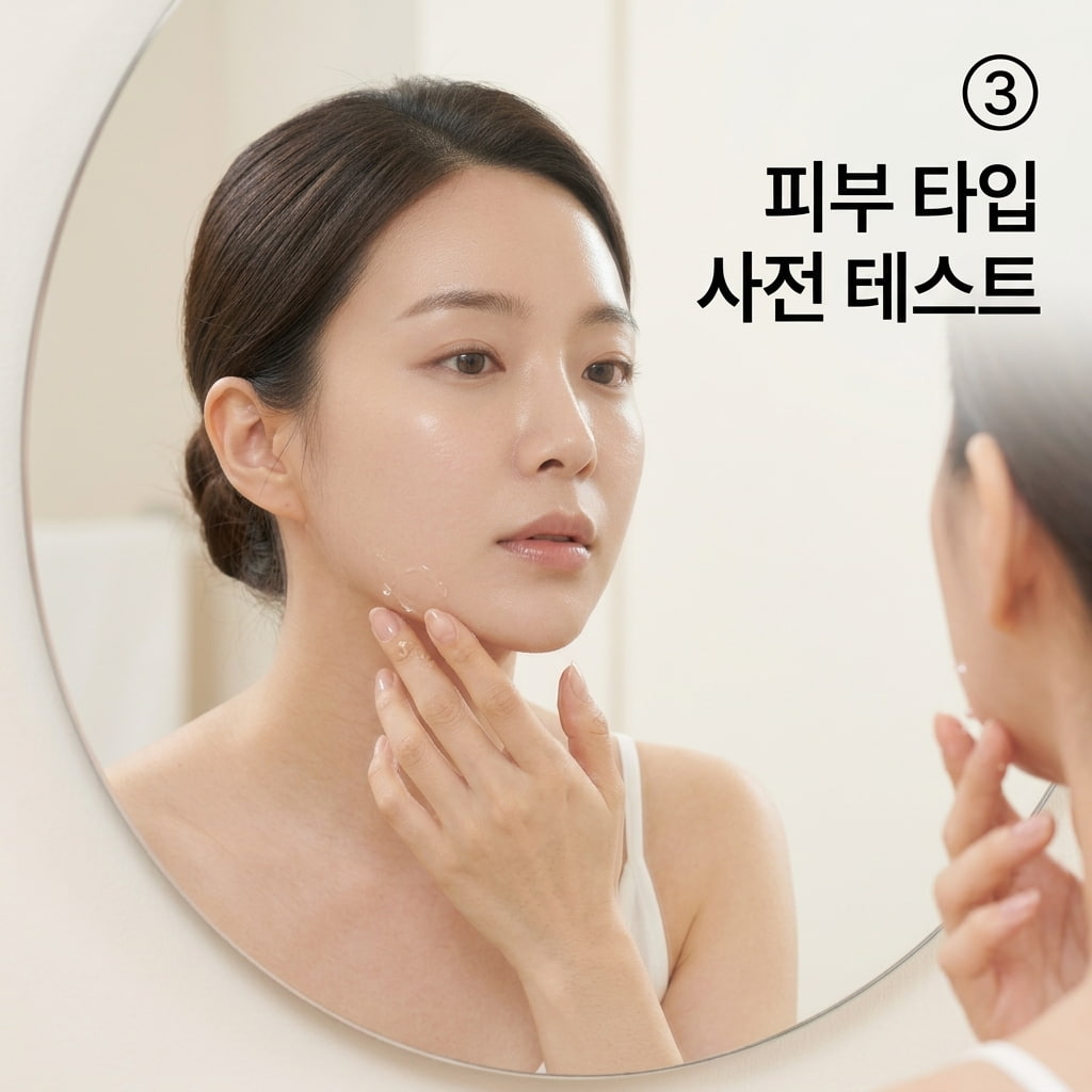 피부 타입별 만족도 차이와 민감도 반응을 살피기 위해 두 손으로 턱 아래 좁은 부위에 팩을 소량 발라 테스트하는 모습.