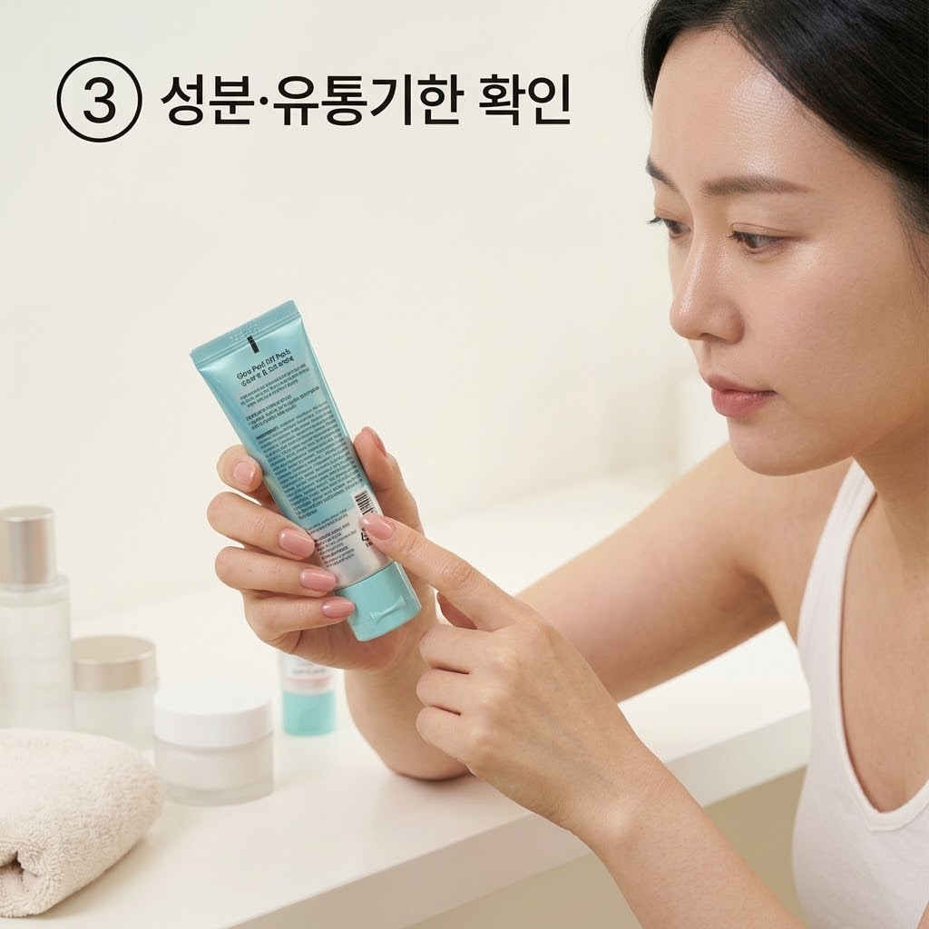 글로우 필오프팩 성분과 유통기한을 확인하기 위해 두 손으로 튜브 용기를 뒤집어 뒷면의 작은 라벨 글씨를 꼼꼼하게 읽어보는 모습.