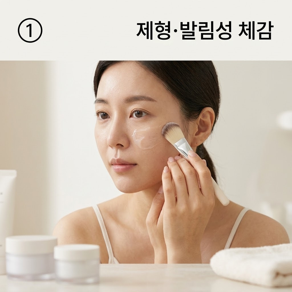 글로우 필오프팩 제형과 발림성을 확인하기 위해 두 손으로 팩 브러쉬를 쥐고 볼에 고르게 펴 바르는 모습.