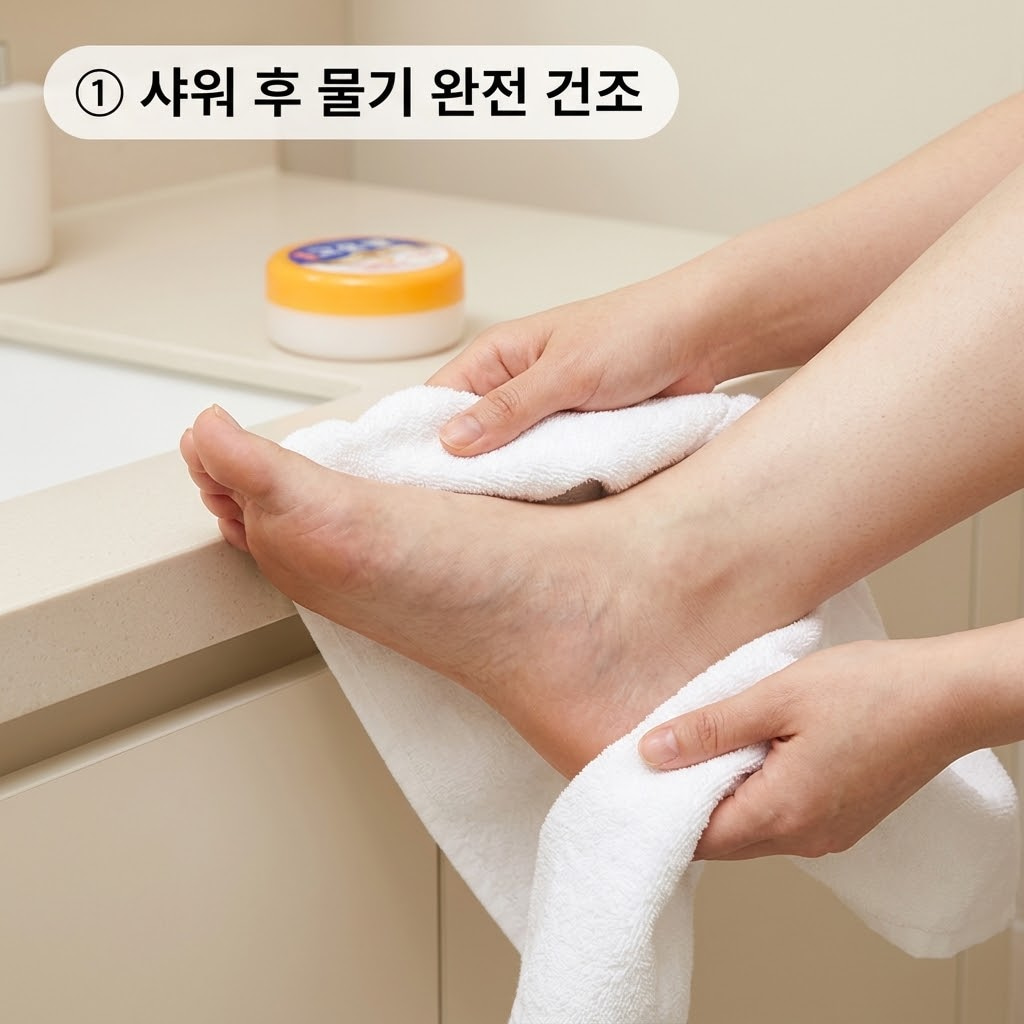 고운발 크림 바르기 전 수건을 쥔 두 손으로 발가락 사이와 뒤꿈치 주름 부위의 물기를 꼼꼼하게 닦아내어 완전히 건조시키는 모습.