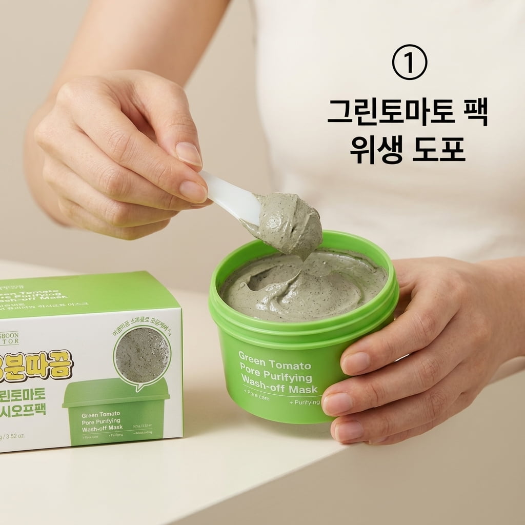 성분에디터 그린토마토 포어 퓨리파잉 워시오프 마스크를 위생적으로 사용하기 위해 두 손으로 스파츌러를 쥐고 100g 대용량 팩을 덜어내는 모습.